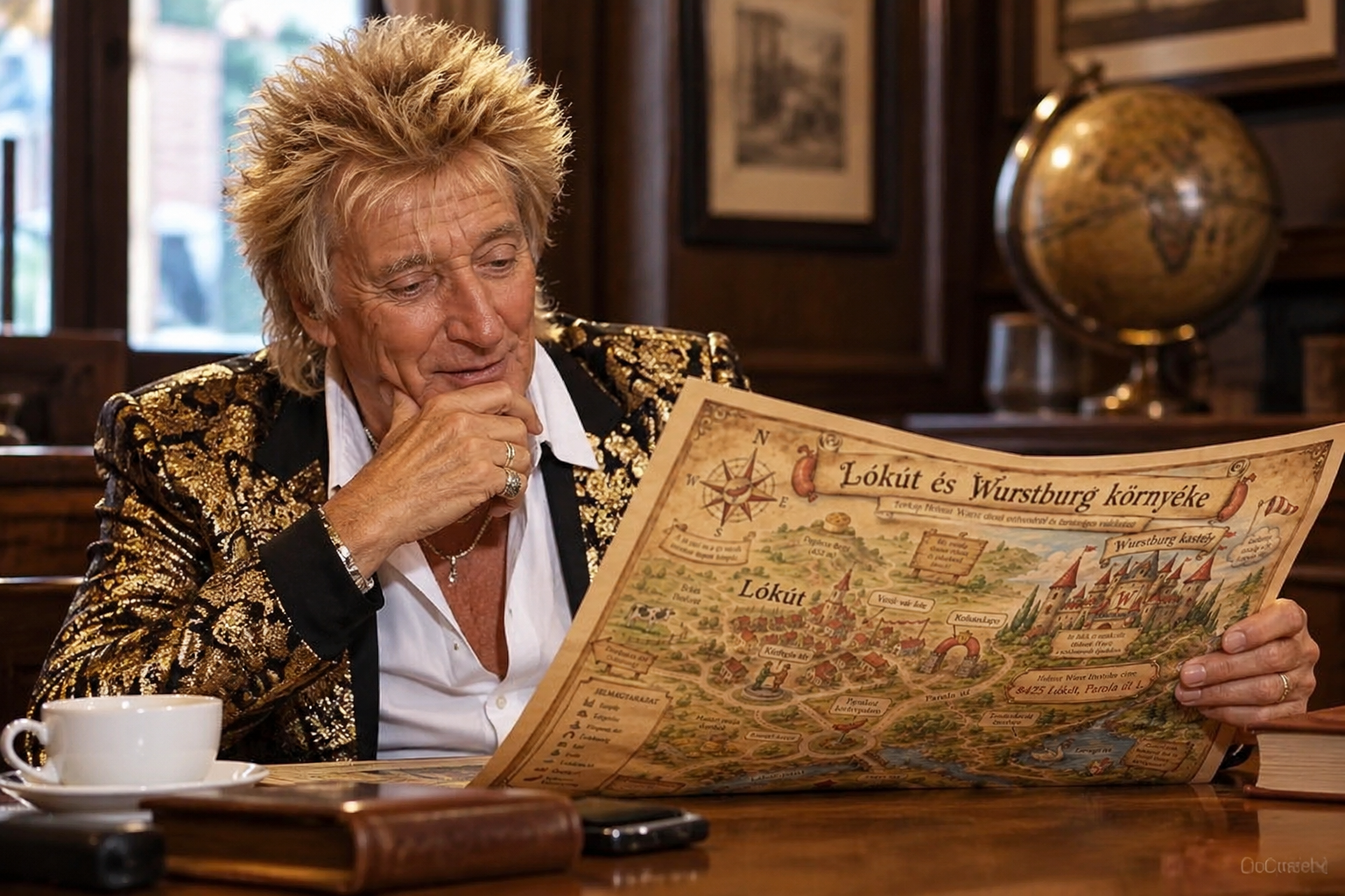 Rod Stewart studying a map of Lókút before his Budapest concert